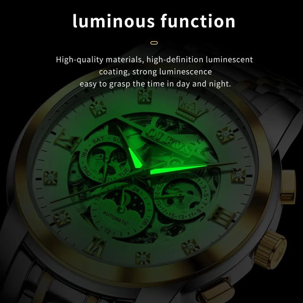 OLEVS Mens Luxury Skeleton Automatic Watch Diamond Self Winding Mechanical Timepiece Gifts Luminous Waterproof