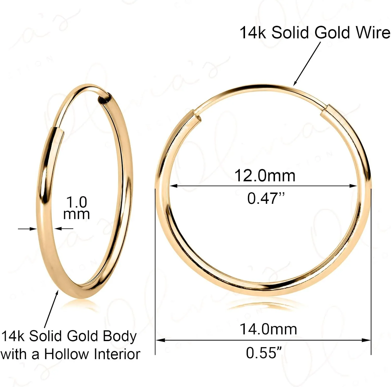 Olivia's Collection 14k White or Yellow Gold Lightweight Endless Hoop Earrings (10-20mm) True 1.0mm width. Piercing to Lobe, Upper-Lobe for a Woman, Man, Teens