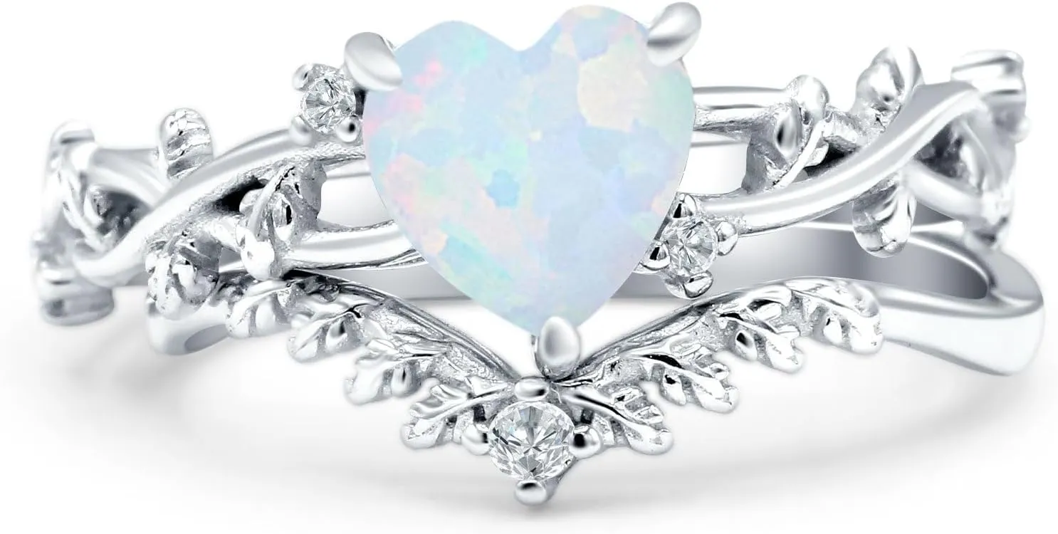 OMRANII Two Piece Art Deco Heart Cubic Zirconia Curved Contour Band Chevron Ring Leaf Vintage Style Wedding Set Engagement Rings For Women 925 Sterling Silver