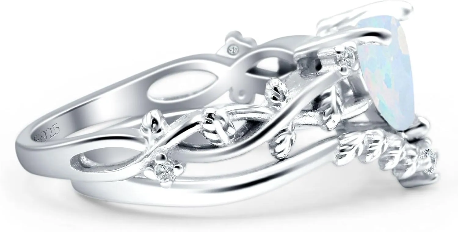 OMRANII Two Piece Art Deco Heart Cubic Zirconia Curved Contour Band Chevron Ring Leaf Vintage Style Wedding Set Engagement Rings For Women 925 Sterling Silver