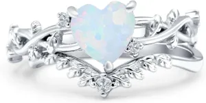 OMRANII Two Piece Art Deco Heart Cubic Zirconia Curved Contour Band Chevron Ring Leaf Vintage Style Wedding Set Engagement Rings For Women 925 Sterling Silver