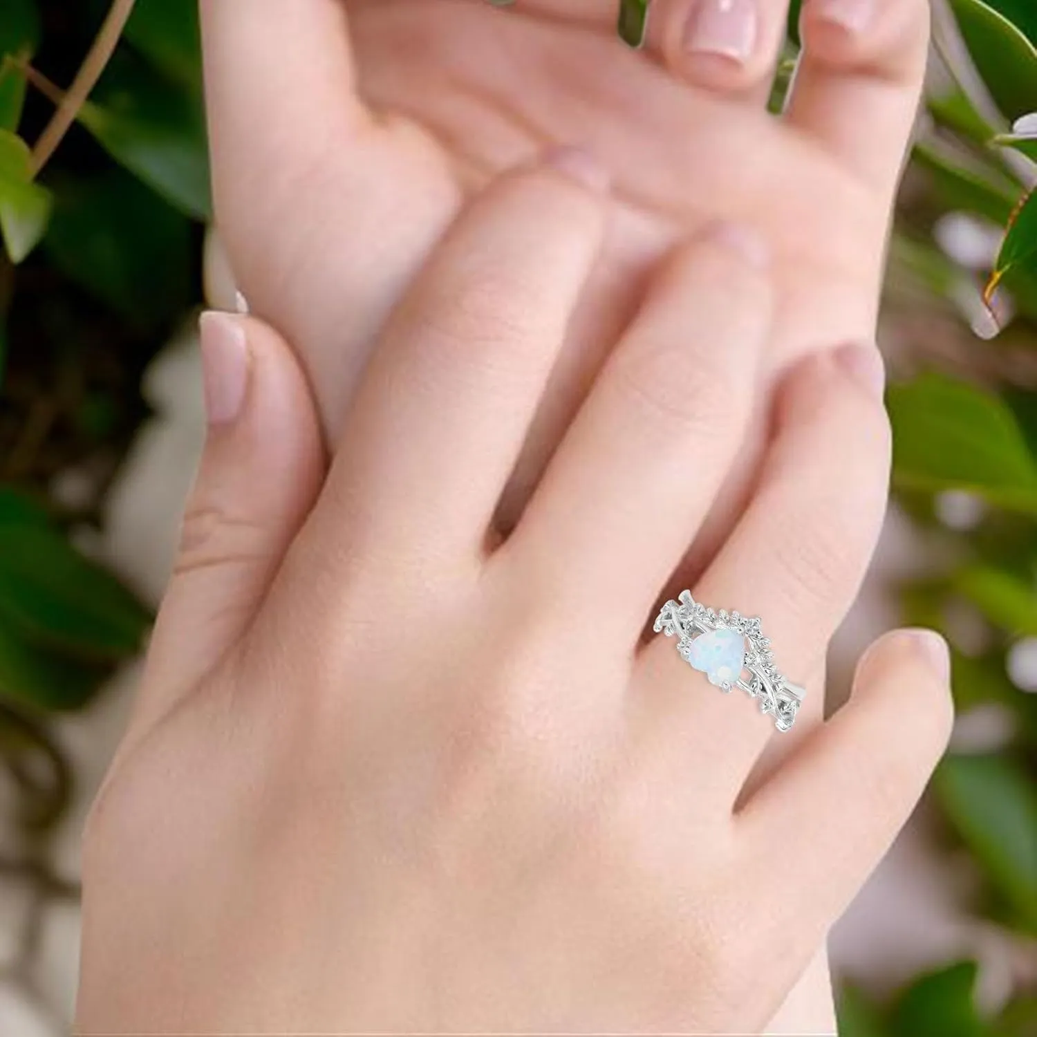 OMRANII Two Piece Art Deco Heart Cubic Zirconia Curved Contour Band Chevron Ring Leaf Vintage Style Wedding Set Engagement Rings For Women 925 Sterling Silver
