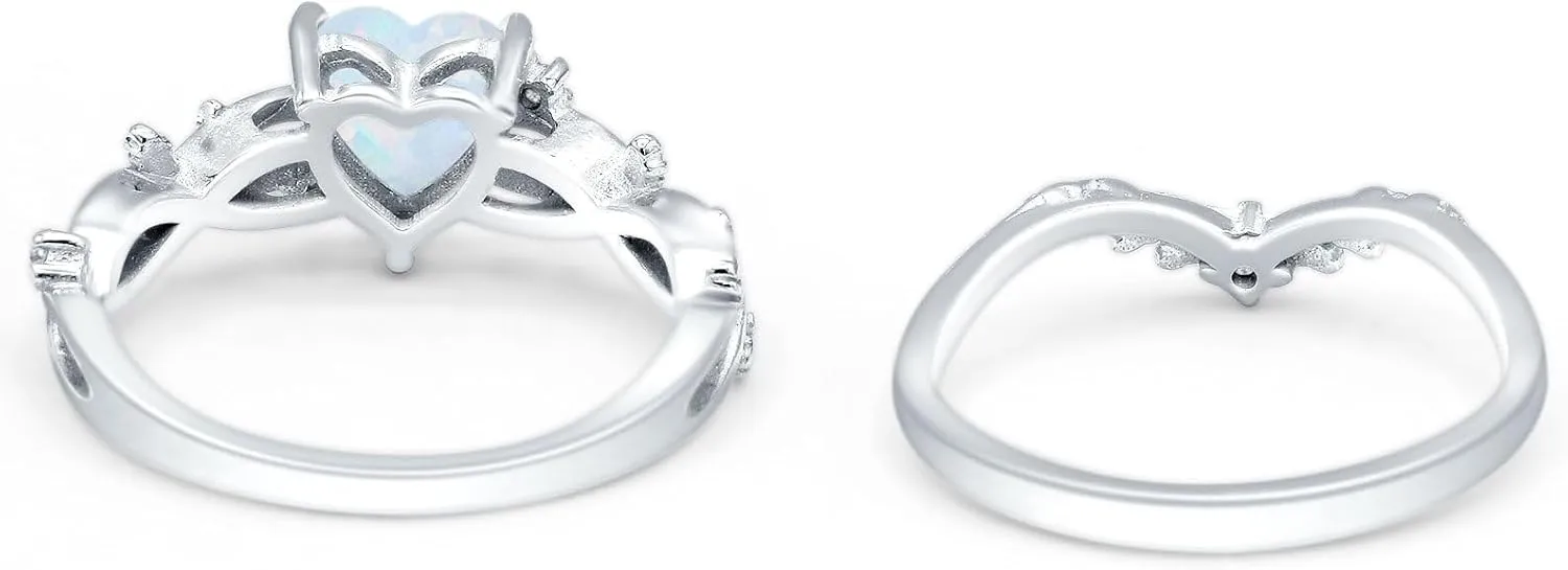 OMRANII Two Piece Art Deco Heart Cubic Zirconia Curved Contour Band Chevron Ring Leaf Vintage Style Wedding Set Engagement Rings For Women 925 Sterling Silver