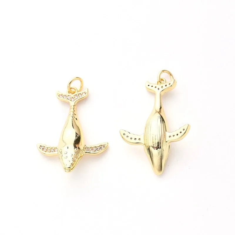 One Pack 19.5*27mm Hole 3~3.9mm Copper Zircon Gold Plated Whale Polished Pendant