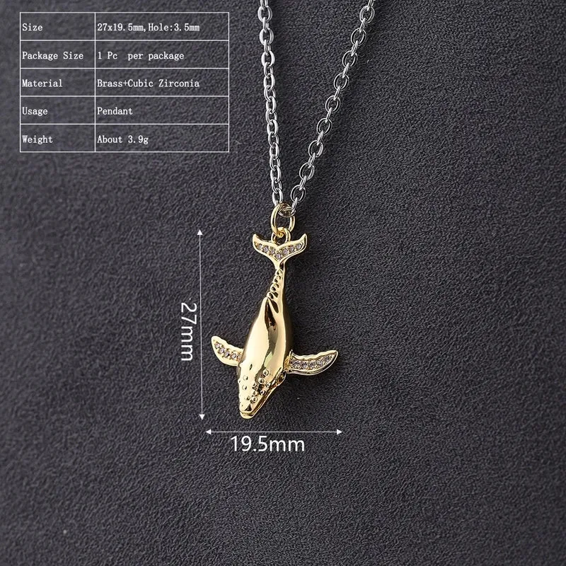 One Pack 19.5*27mm Hole 3~3.9mm Copper Zircon Gold Plated Whale Polished Pendant