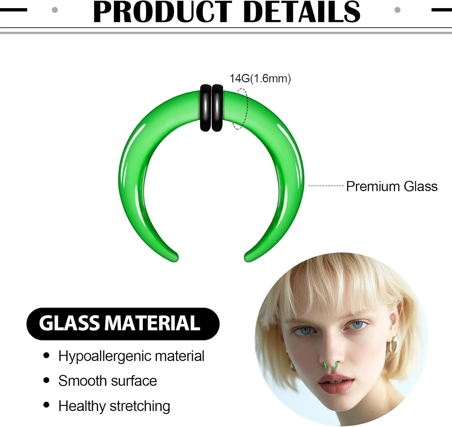 ONESING Septum Pincher Tapers 14G Glass Septum Stretching Kit C Shape Pincher Tapers with O-Rings Horseshoe Septum Rings Ear Cartilage Nose Stretch Kit for Women Men