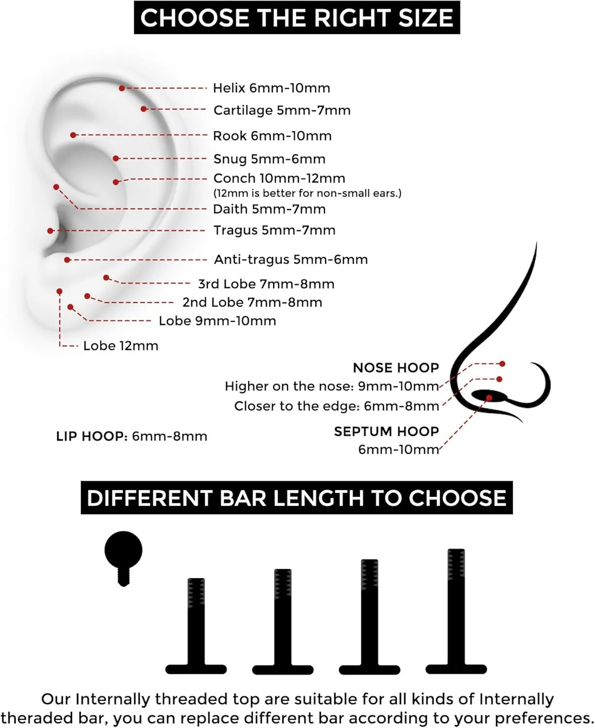 OUFER 2PCS 16G/20G Nose Lip Studs, G23 Solid Titanium Threadless Push in Nose Nostril Lip Labret Medusa Monroe Helix Cartilage Tragus Conch Lobe Piercing Jewelry for Women Men