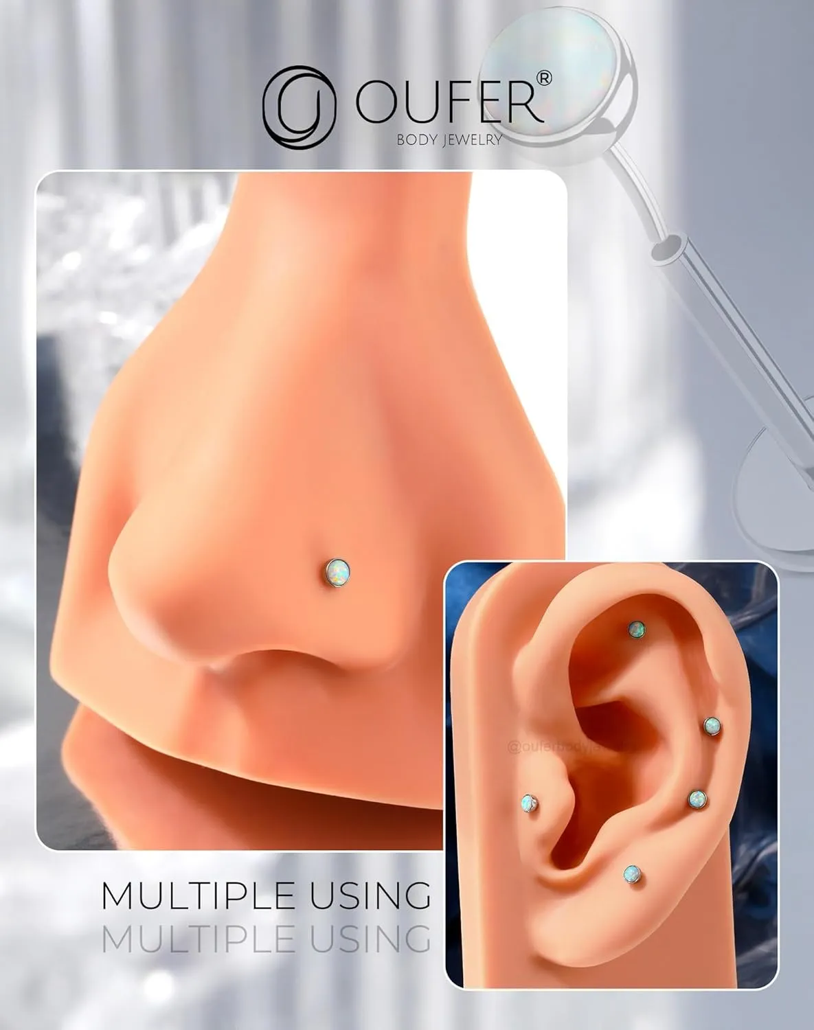 OUFER 2PCS 16G/20G Nose Lip Studs, G23 Solid Titanium Threadless Push in Nose Nostril Lip Labret Medusa Monroe Helix Cartilage Tragus Conch Lobe Piercing Jewelry for Women Men