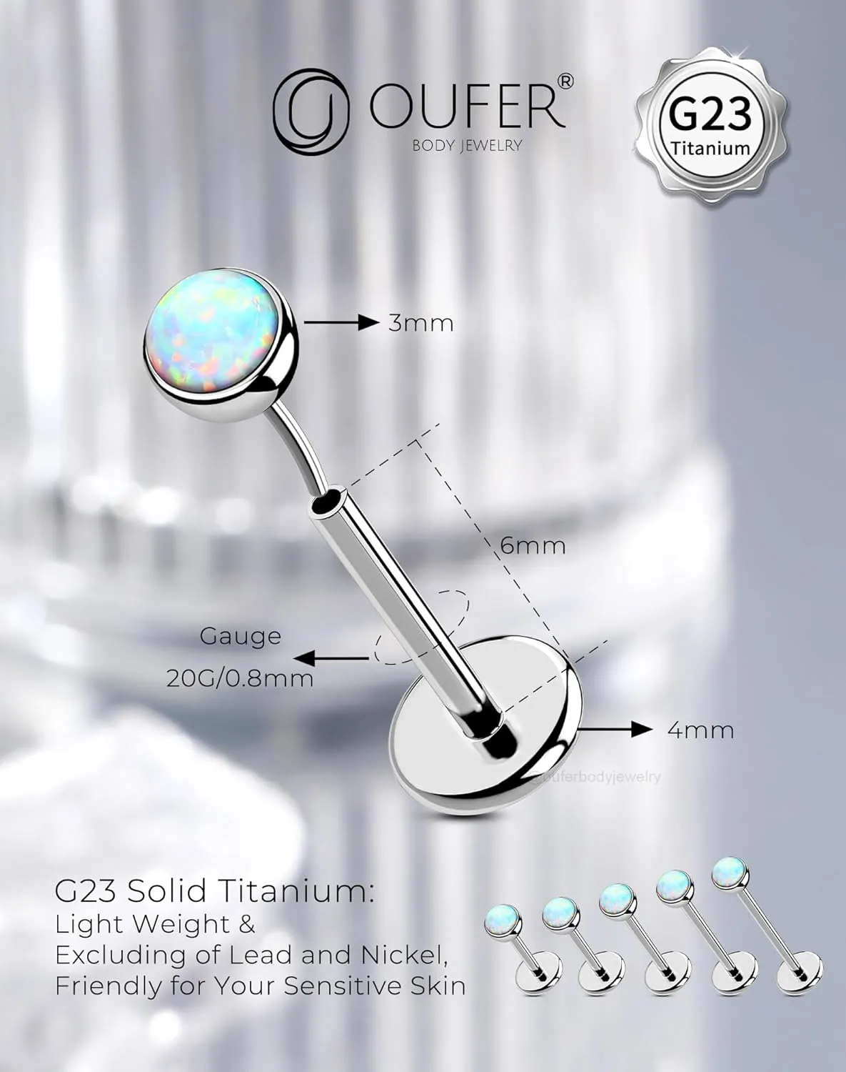 OUFER 2PCS 16G/20G Nose Lip Studs, G23 Solid Titanium Threadless Push in Nose Nostril Lip Labret Medusa Monroe Helix Cartilage Tragus Conch Lobe Piercing Jewelry for Women Men