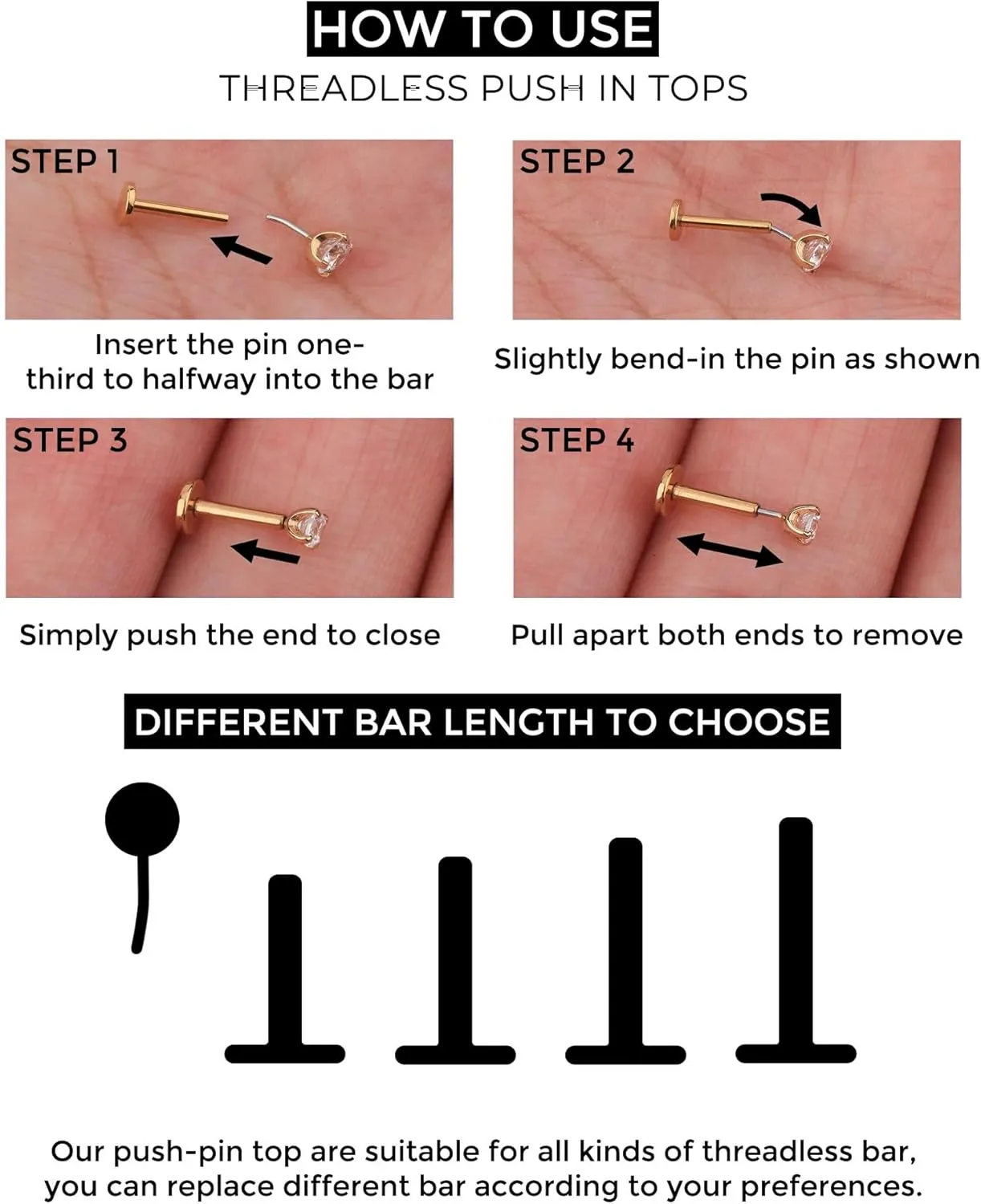 OUFER 2PCS 16G/20G Nose Lip Studs, G23 Solid Titanium Threadless Push in Nose Nostril Lip Labret Medusa Monroe Helix Cartilage Tragus Conch Lobe Piercing Jewelry for Women Men