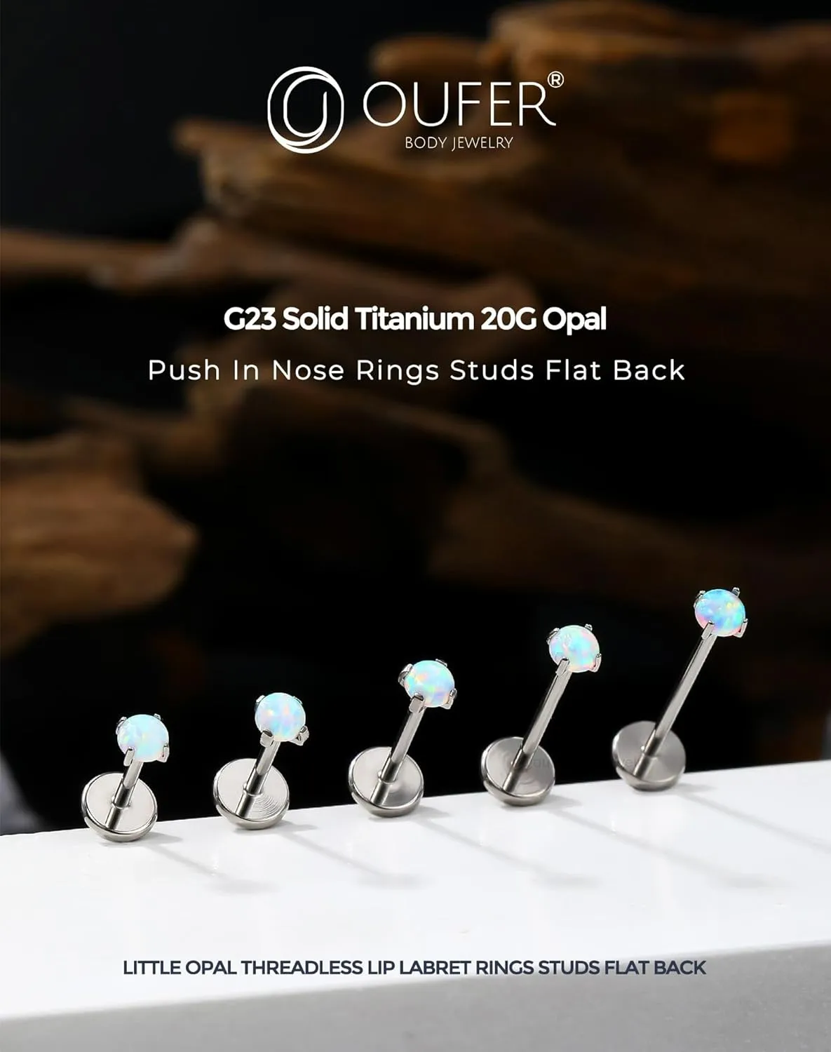 OUFER 2Pcs 20G/16G G23 Titanium Opal Threadless Nose Stud Earrings Flat Back Nose Labret Medusa Monroe Helix Cartilage Tragus Conch Piercing Jewelry for Women Men