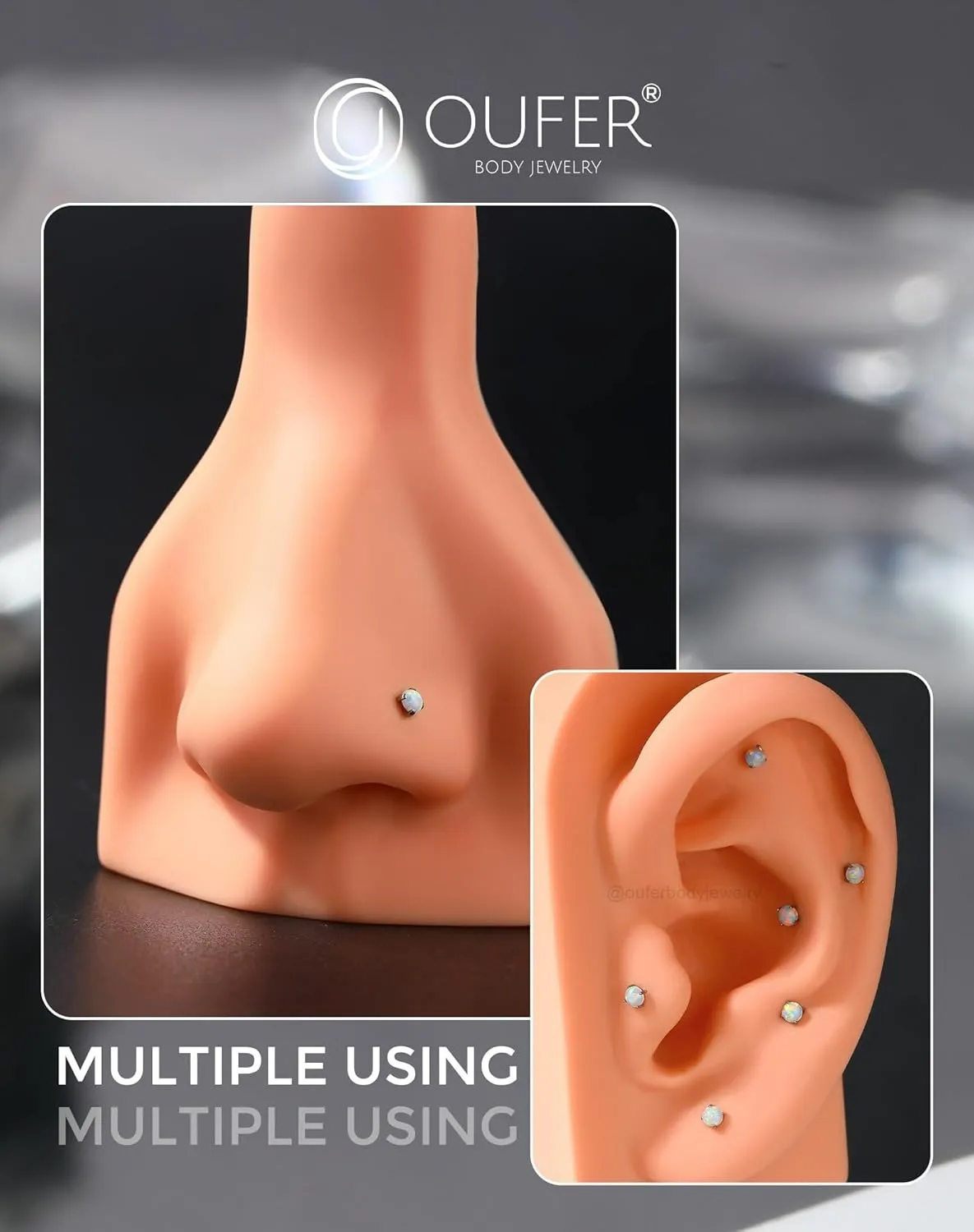 OUFER 2Pcs 20G/16G G23 Titanium Opal Threadless Nose Stud Earrings Flat Back Nose Labret Medusa Monroe Helix Cartilage Tragus Conch Piercing Jewelry for Women Men