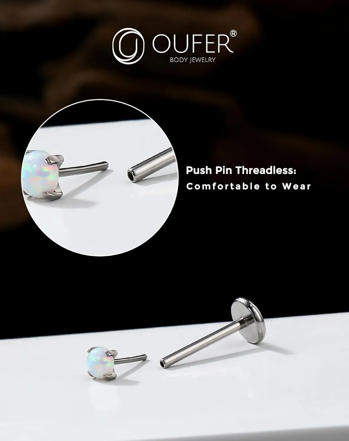 OUFER 2Pcs 20G/16G G23 Titanium Opal Threadless Nose Stud Earrings Flat Back Nose Labret Medusa Monroe Helix Cartilage Tragus Conch Piercing Jewelry for Women Men