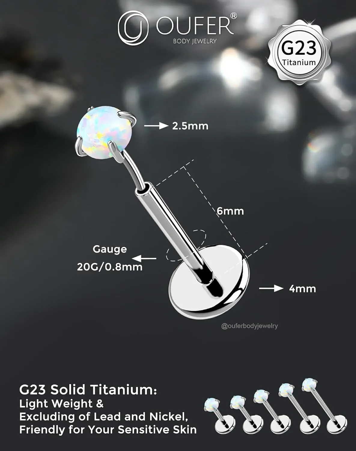 OUFER 2Pcs 20G/16G G23 Titanium Opal Threadless Nose Stud Earrings Flat Back Nose Labret Medusa Monroe Helix Cartilage Tragus Conch Piercing Jewelry for Women Men