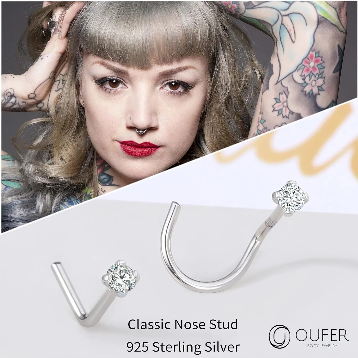 OUFER 925 Sterling Silver Nose Stud, Bone L Screw Shaped Nose Rings, 20G Nostril Solid 2mm Round CZ Nose Piercing Jewelry for Women Men