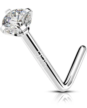 OUFER 925 Sterling Silver Nose Stud, Bone L Screw Shaped Nose Rings, 20G Nostril Solid 2mm Round CZ Nose Piercing Jewelry for Women Men
