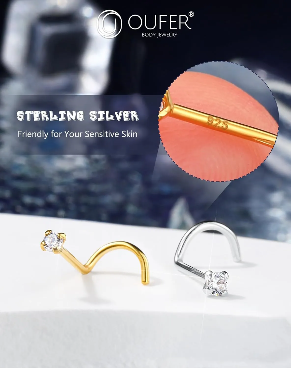 OUFER 925 Sterling Silver Nose Studs, Bone L Screw Shaped Nose Rings, 20G Nostril Solid 2mm Round CZ Nose Piercing Jewelry for Women Men-Screw Shaped Gold