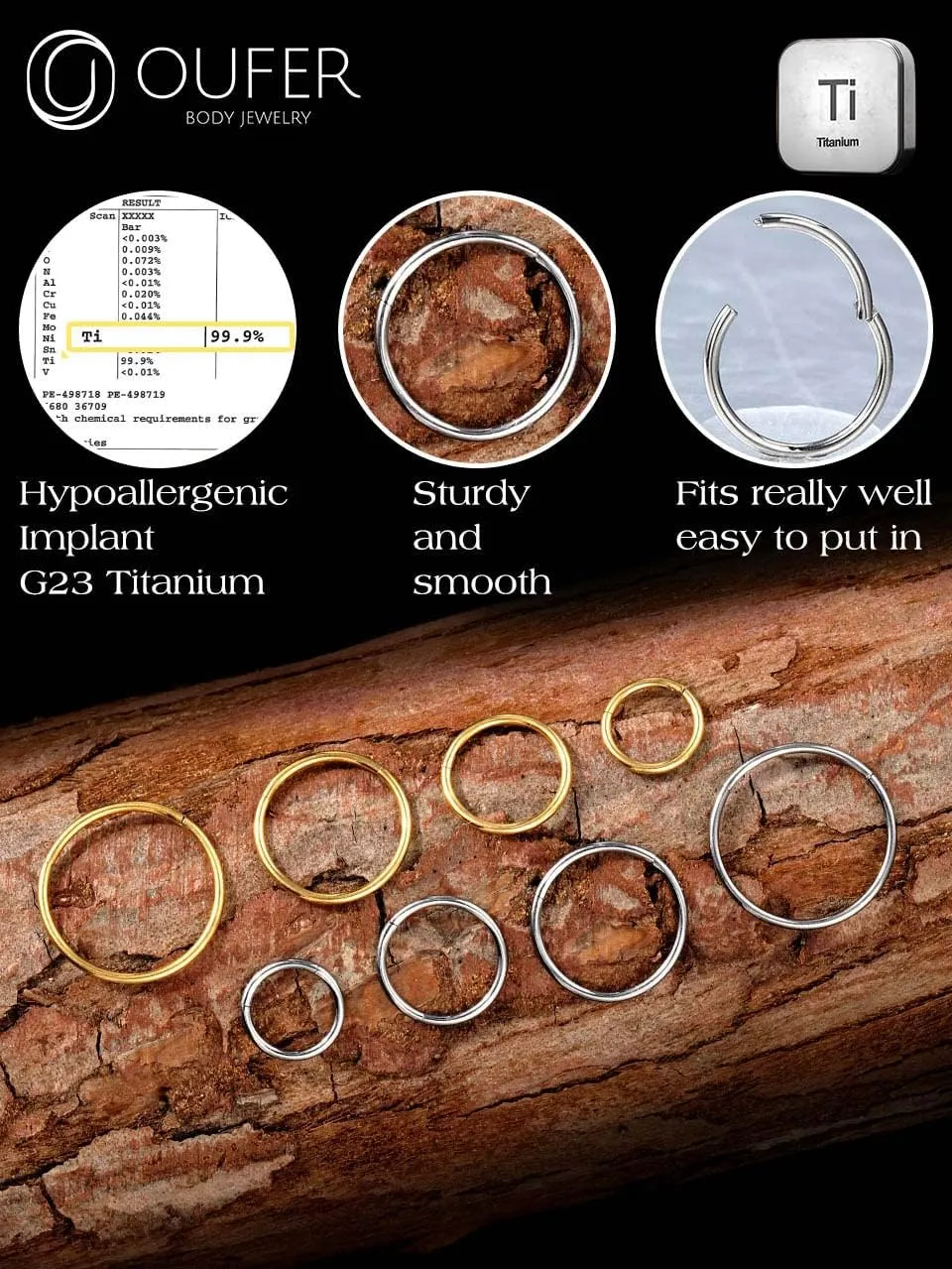 OUFER G23 Titanium Nose Rings Clicker Hoop Cartilage Earrings Silver Gold Helix Piercing jewelry 20G Daith Rook Conch Hinged Nostril 0.8mm for Men Women Gift