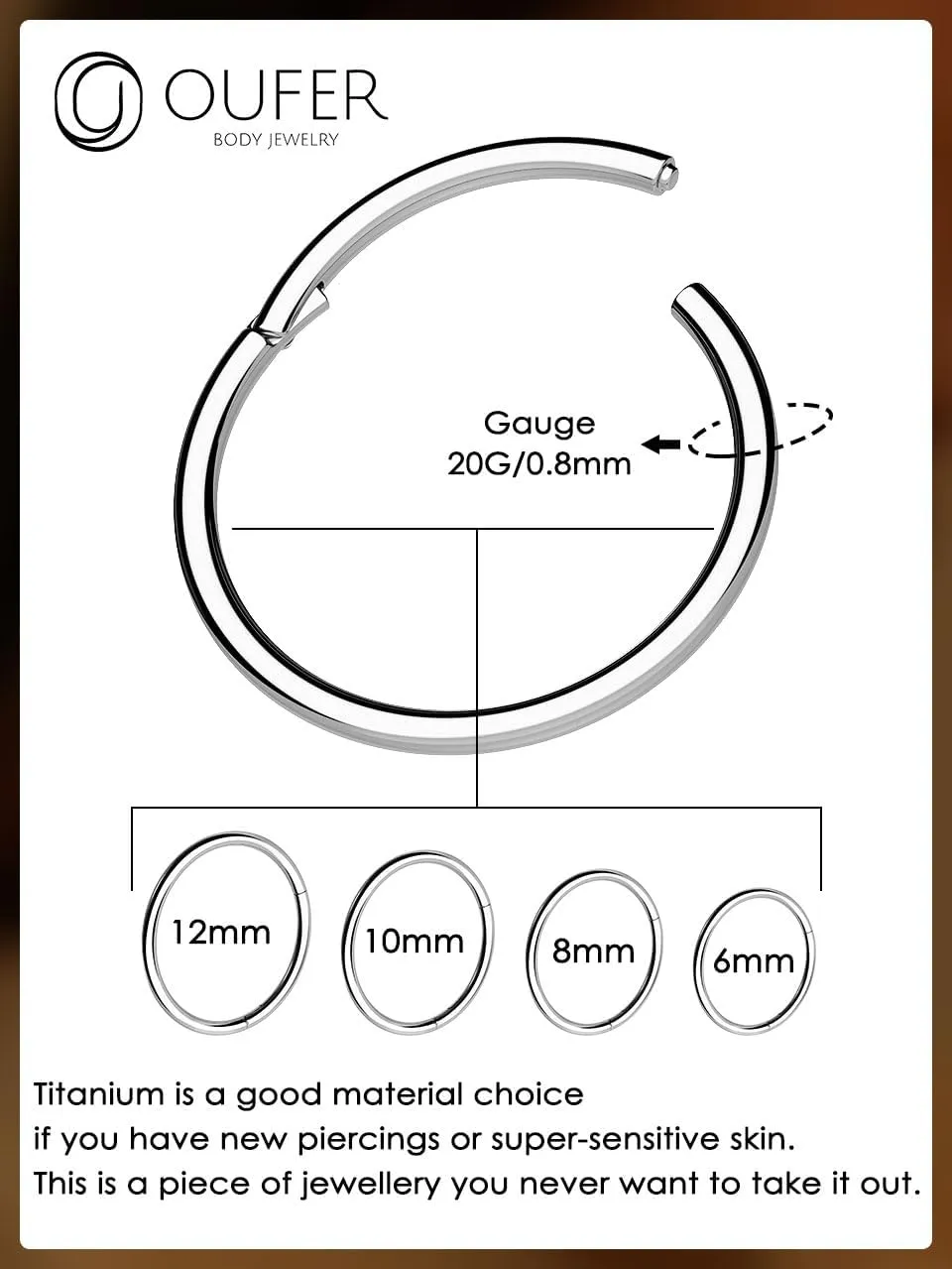 OUFER G23 Titanium Nose Rings Clicker Hoop Cartilage Earrings Silver Gold Helix Piercing jewelry 20G Daith Rook Conch Hinged Nostril 0.8mm for Men Women Gift