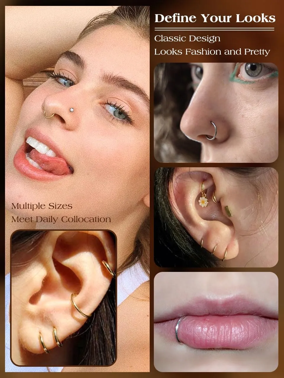 OUFER G23 Titanium Nose Rings Clicker Hoop Cartilage Earrings Silver Gold Helix Piercing jewelry 20G Daith Rook Conch Hinged Nostril 0.8mm for Men Women Gift