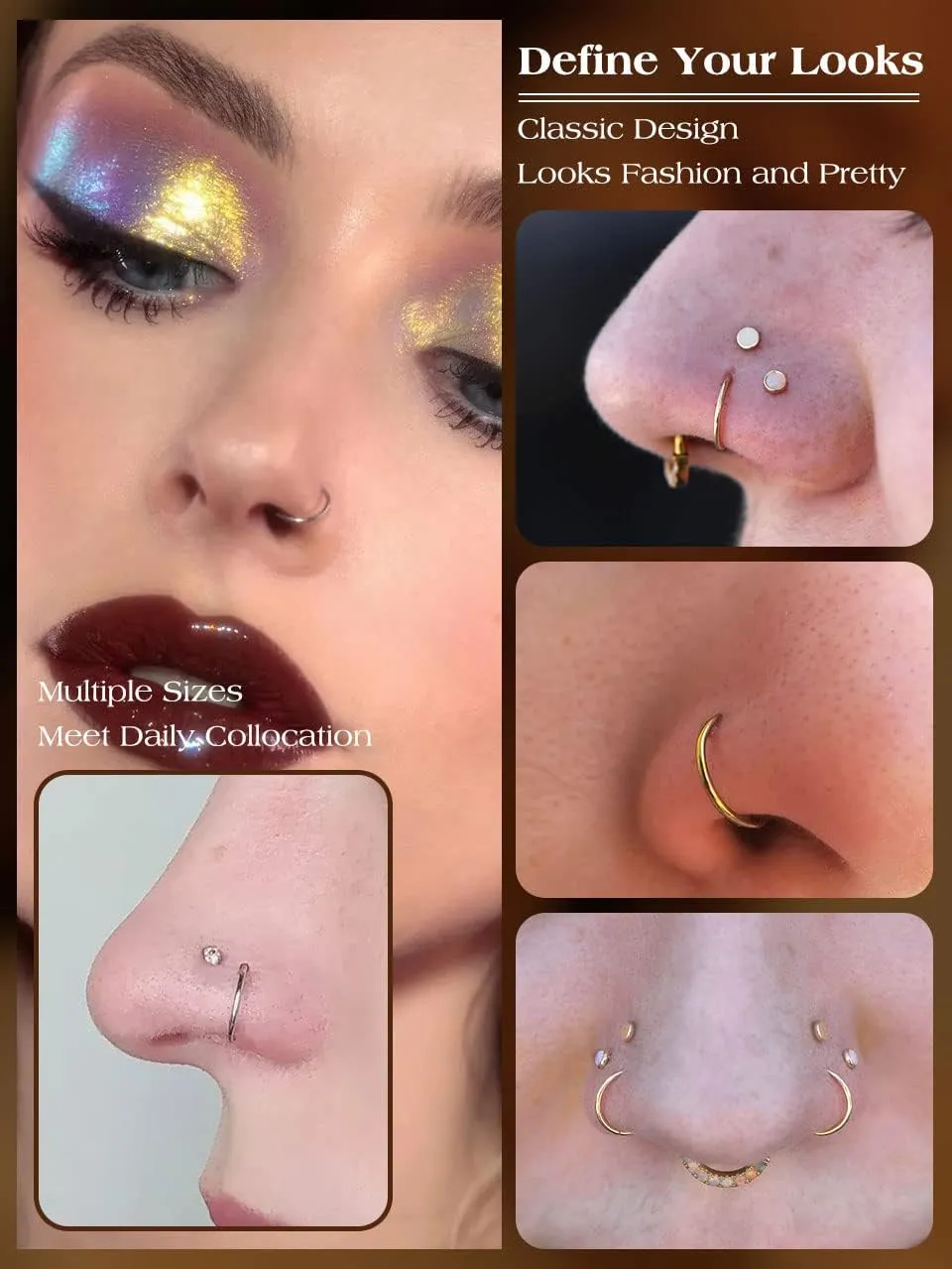 OUFER G23 Titanium Nose Rings Clicker Hoop Cartilage Earrings Silver Gold Helix Piercing jewelry 20G Daith Rook Conch Hinged Nostril 0.8mm for Men Women Gift