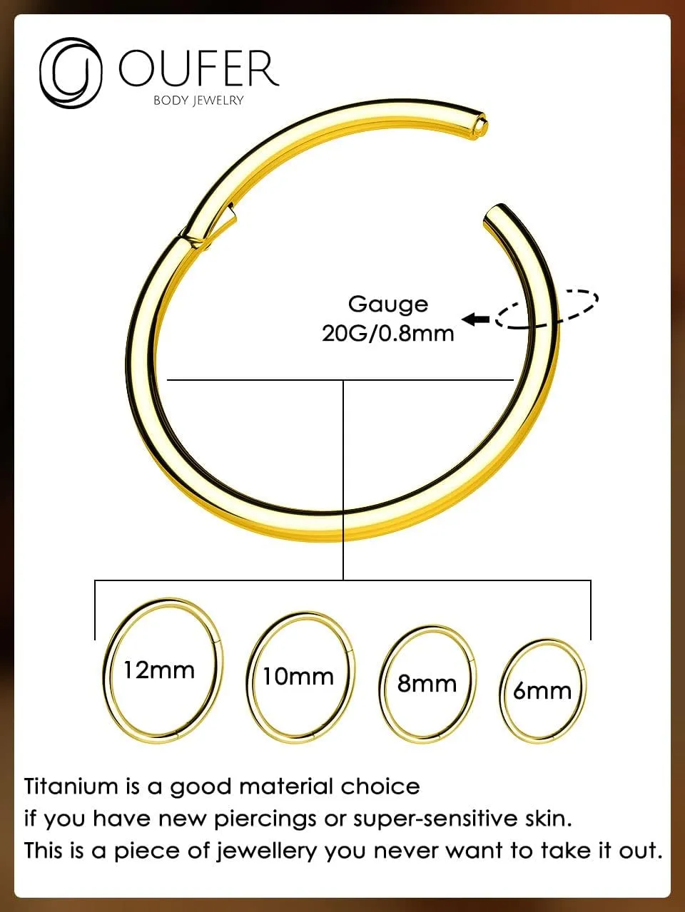 OUFER G23 Titanium Nose Rings Clicker Hoop Cartilage Earrings Silver Gold Helix Piercing jewelry 20G Daith Rook Conch Hinged Nostril 0.8mm for Men Women Gift