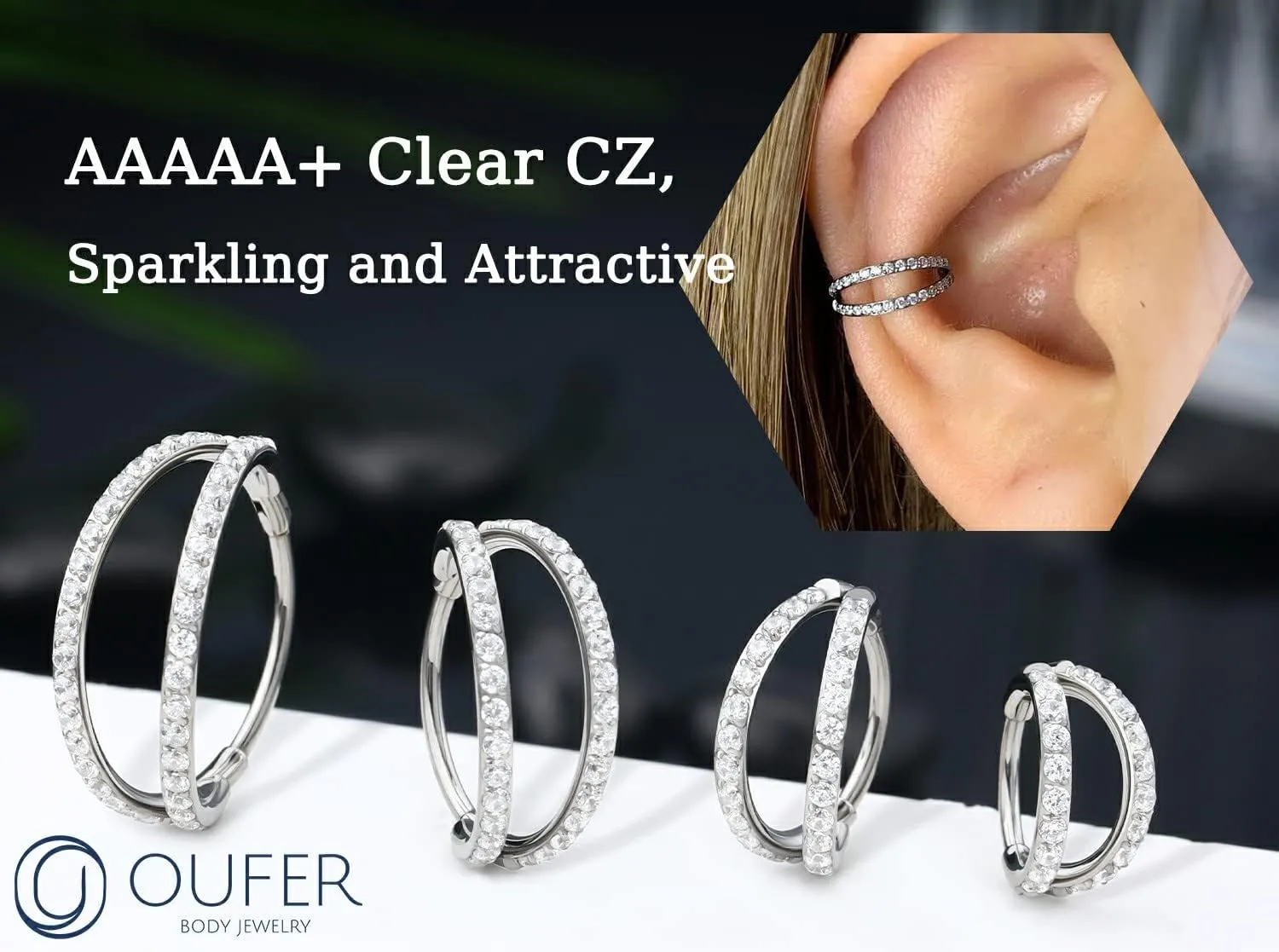 OUFER Nose Rings Hoops, 20G G23 Solid Titanium Nose Piercings, Double Row Diamonds Hoop Nose Ring, Double Nose Ring for Single Piercing, Conch Helix Daith Lip Piercing Jewelry