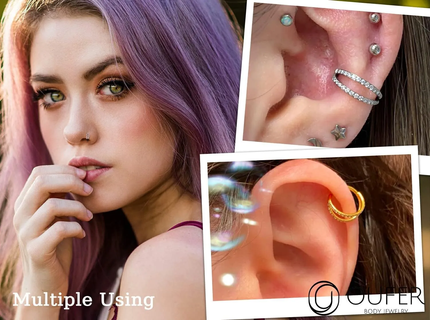 OUFER Nose Rings Hoops, 20G G23 Solid Titanium Nose Piercings, Double Row Diamonds Hoop Nose Ring, Double Nose Ring for Single Piercing, Conch Helix Daith Lip Piercing Jewelry