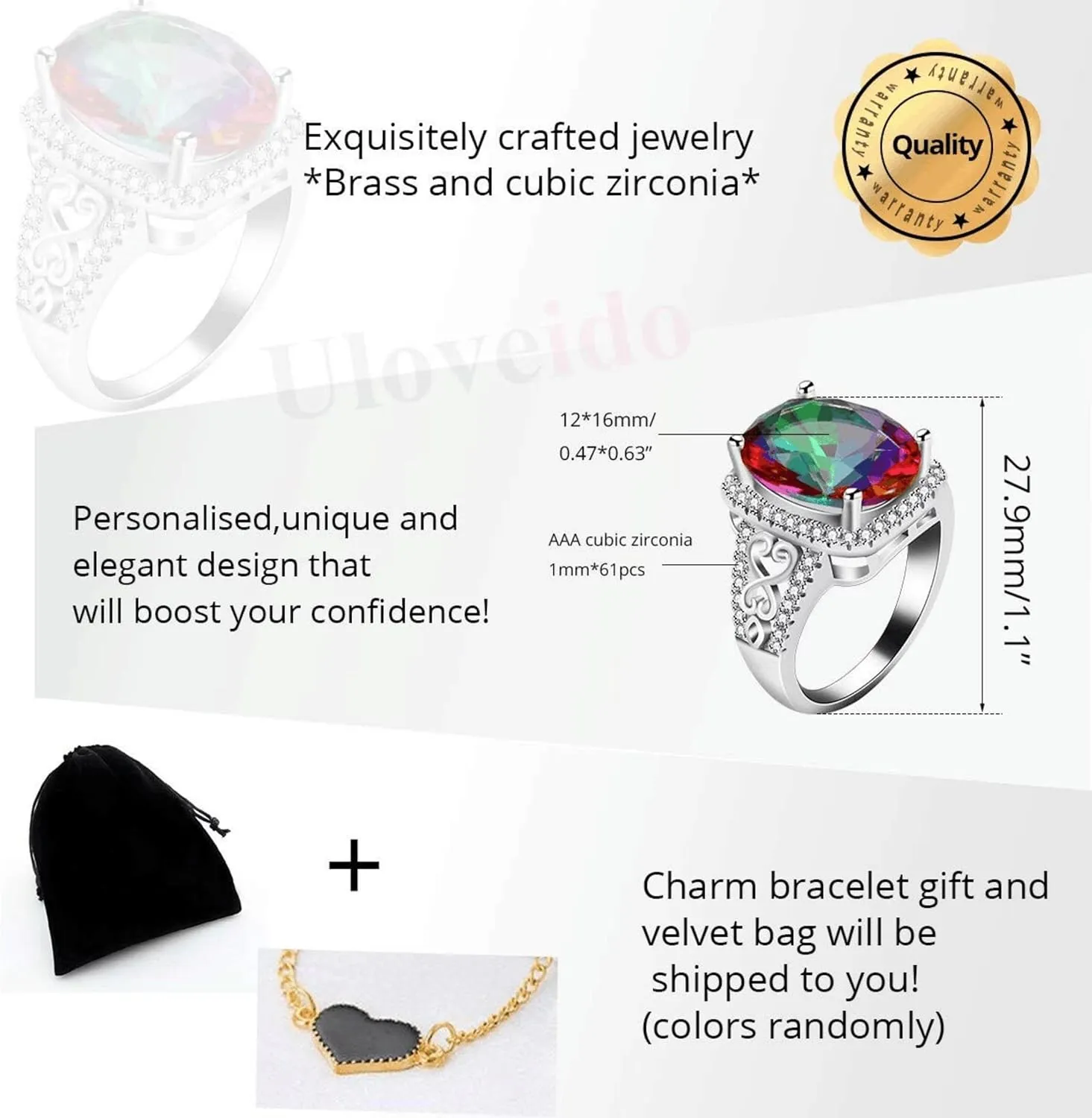 Oval Cut Big Cubic Zirconia Rainbow Ring - Sparkling Platinum Plated CZ Ring for Wedding Anniversary Party Y585