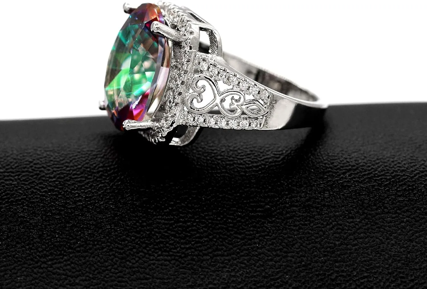 Oval Cut Big Cubic Zirconia Rainbow Ring - Sparkling Platinum Plated CZ Ring for Wedding Anniversary Party Y585