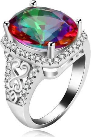 Oval Cut Big Cubic Zirconia Rainbow Ring - Sparkling Platinum Plated CZ Ring for Wedding Anniversary Party Y585