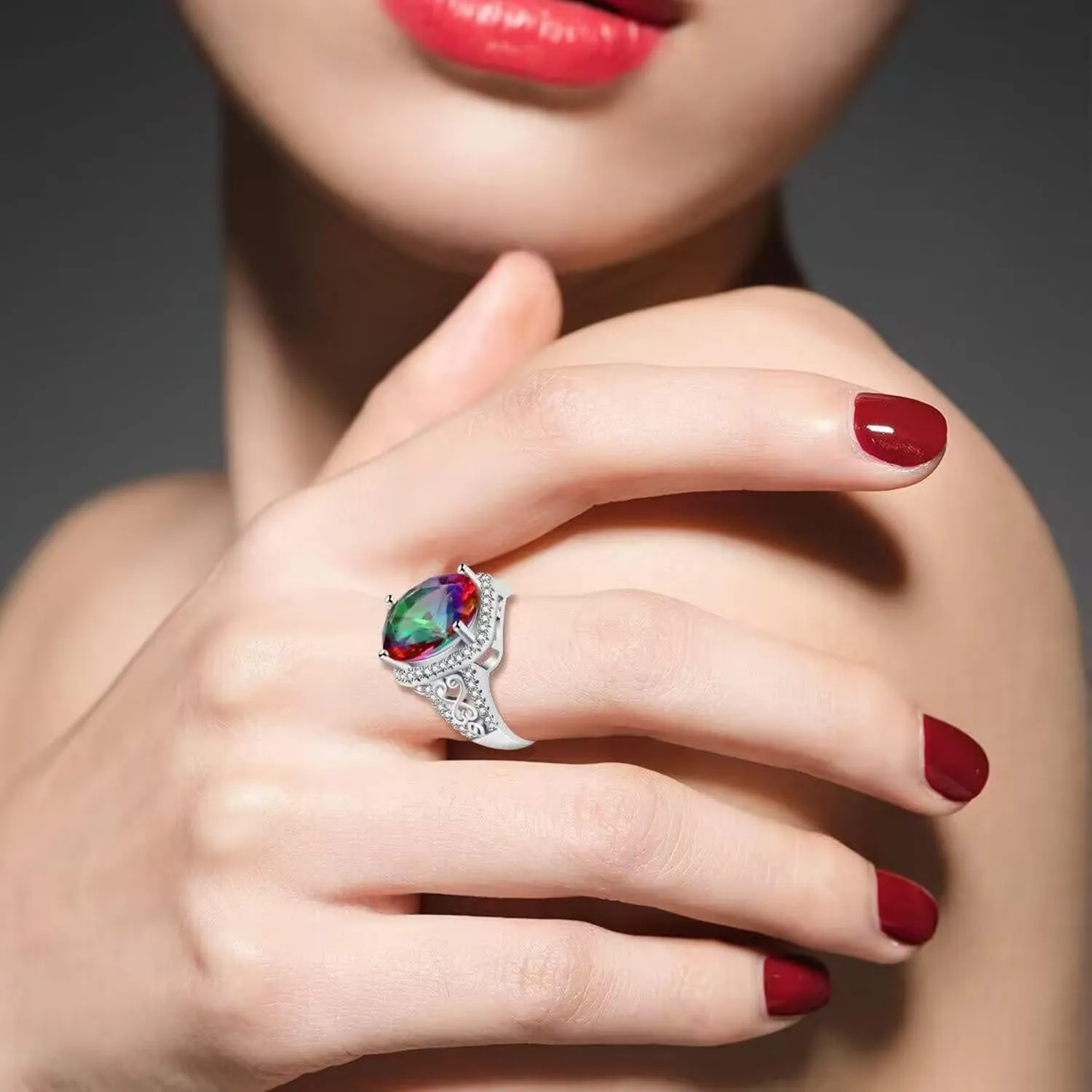 Oval Cut Big Cubic Zirconia Rainbow Ring - Sparkling Platinum Plated CZ Ring for Wedding Anniversary Party Y585
