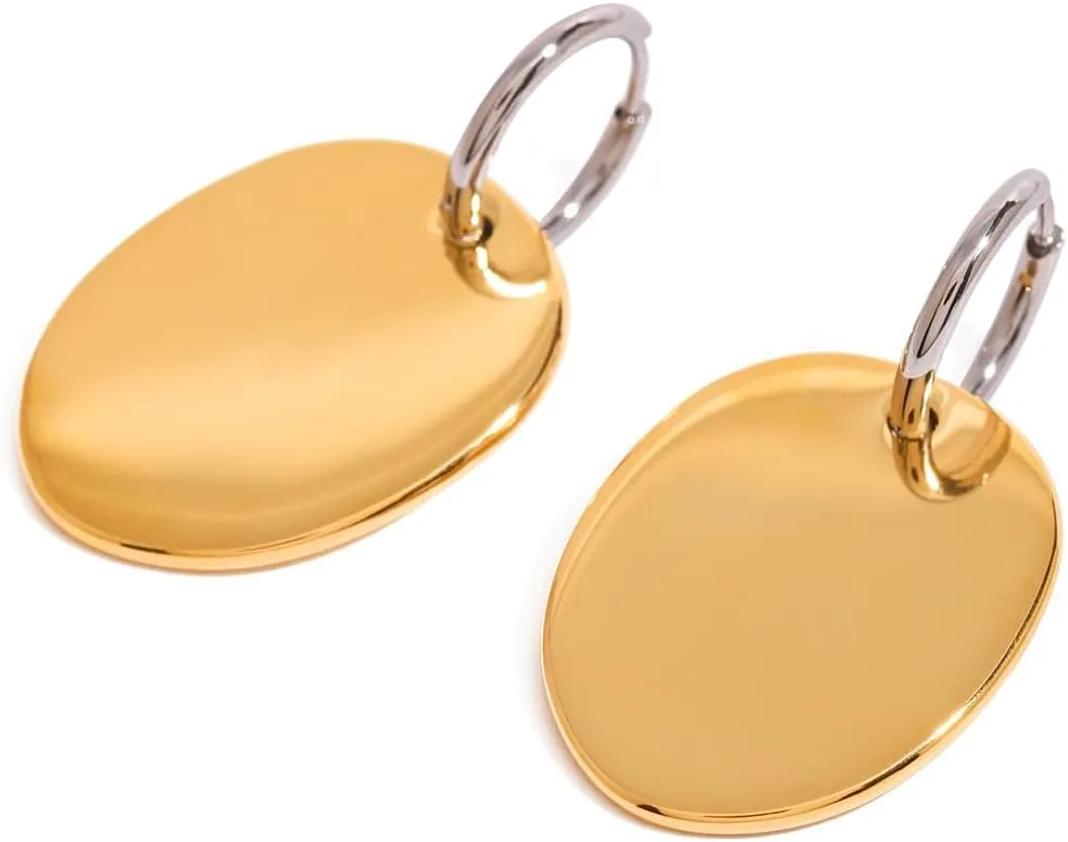 Oval Disc Gold Drop Earrings with Silver Hoops Hypoallergenic Modern Minimalist Design Jewelry for Women