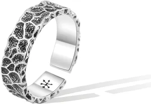 Oxidized leopard print hammer pattern Punk Vintage Rough style Brass Rings with 925 Sterling Silver-plating with PU leather box Hand-hammered Adjustable Opening Ideal Gifts for Men Women