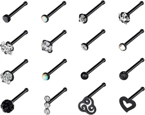 Oyaface 20G 16Pcs Stainless Steel Ear Studs Screws Nose Ring CZ Body Piercing for Womens Mens