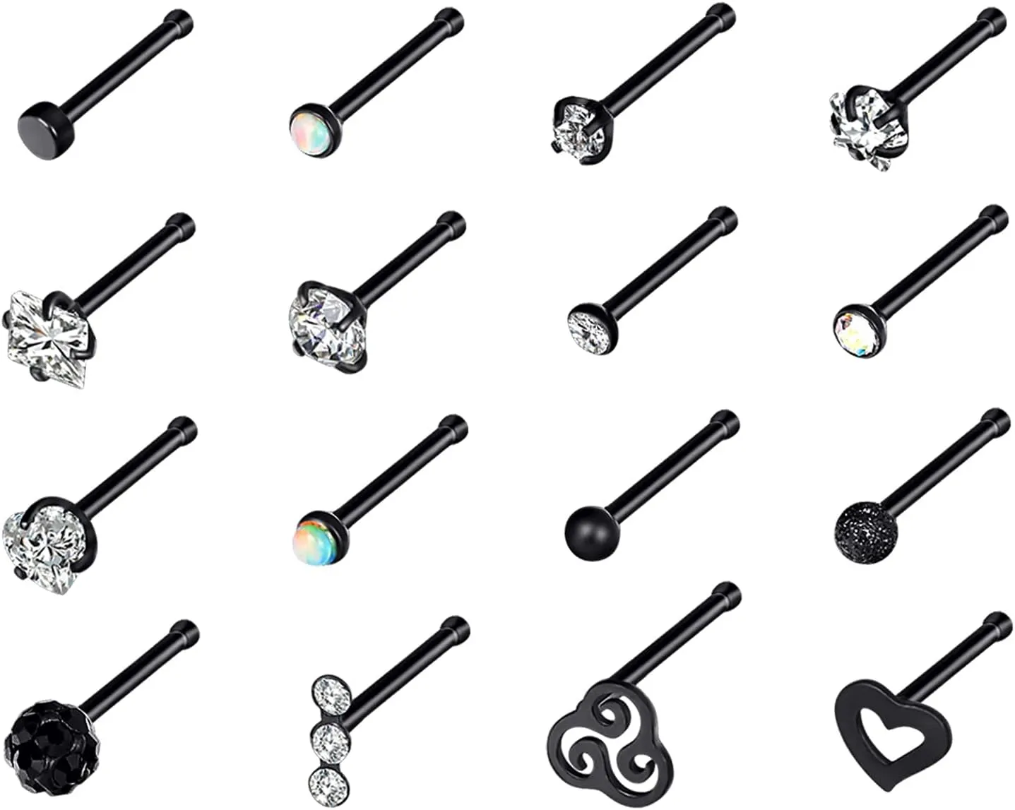 Oyaface 20G 16Pcs Stainless Steel Ear Studs Screws Nose Ring CZ Body Piercing for Womens Mens