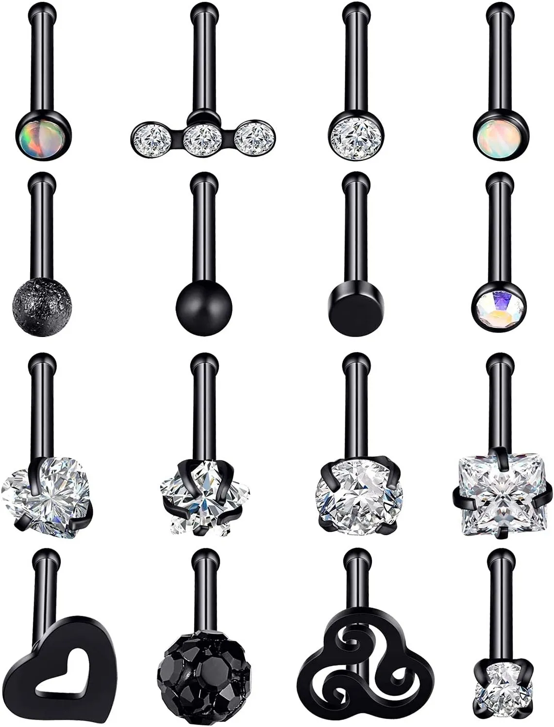 Oyaface 20G 16Pcs Stainless Steel Ear Studs Screws Nose Ring CZ Body Piercing for Womens Mens