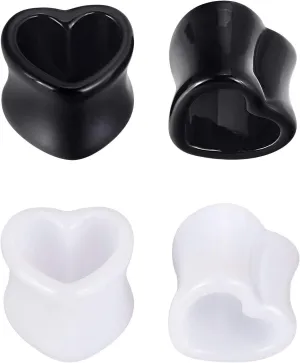 Oyaface 4 PC Heart Shaped Tunnels Double Flare Acrylic Ear Gauges 0G-25mm Expander Stretching Piercing Set Black & White