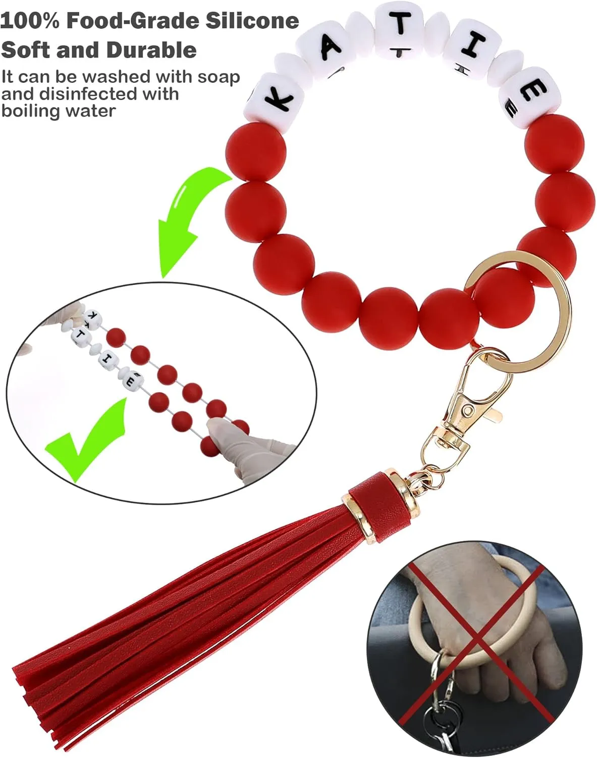 Panny & Mody Personalized Keychain Bracelet Wristlet Silicone Bead Bangle Key Ring with Leather Tassel