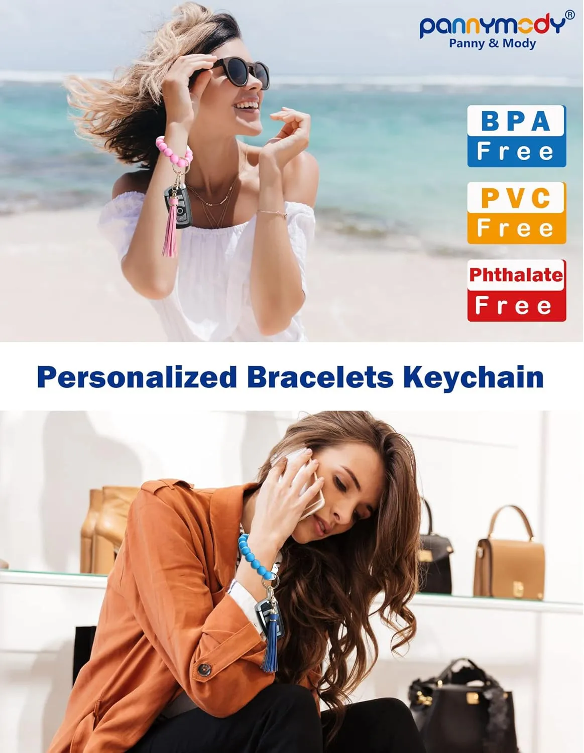 Panny & Mody Personalized Keychain Bracelet Wristlet Silicone Bead Bangle Key Ring with Leather Tassel