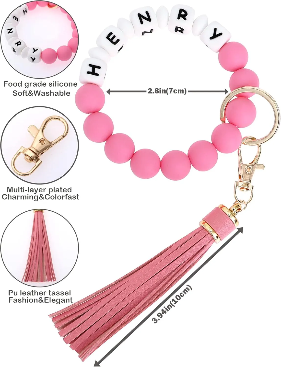 Panny & Mody Personalized Keychain Bracelet Wristlet Silicone Bead Bangle Key Ring with Leather Tassel