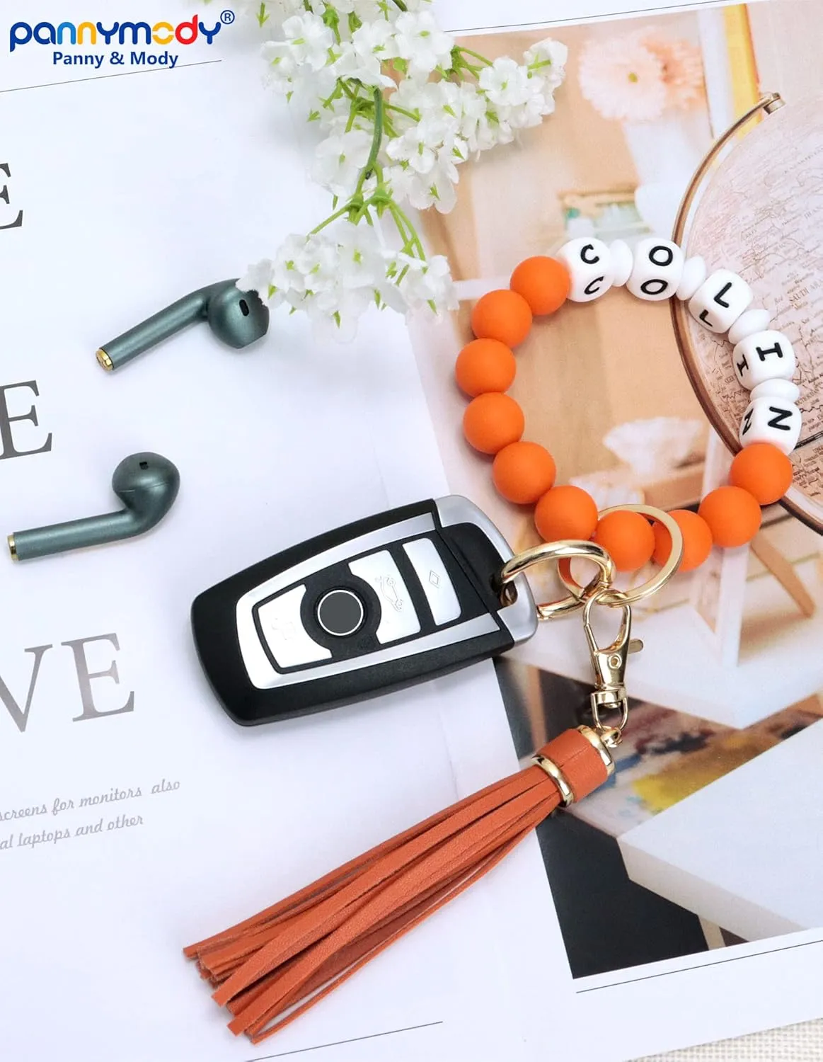 Panny & Mody Personalized Keychain Bracelet Wristlet Silicone Bead Bangle Key Ring with Leather Tassel