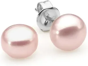 Paris Jewelry 10K White Gold Plated 10 mm Pink Pearl Button Stud Earrings