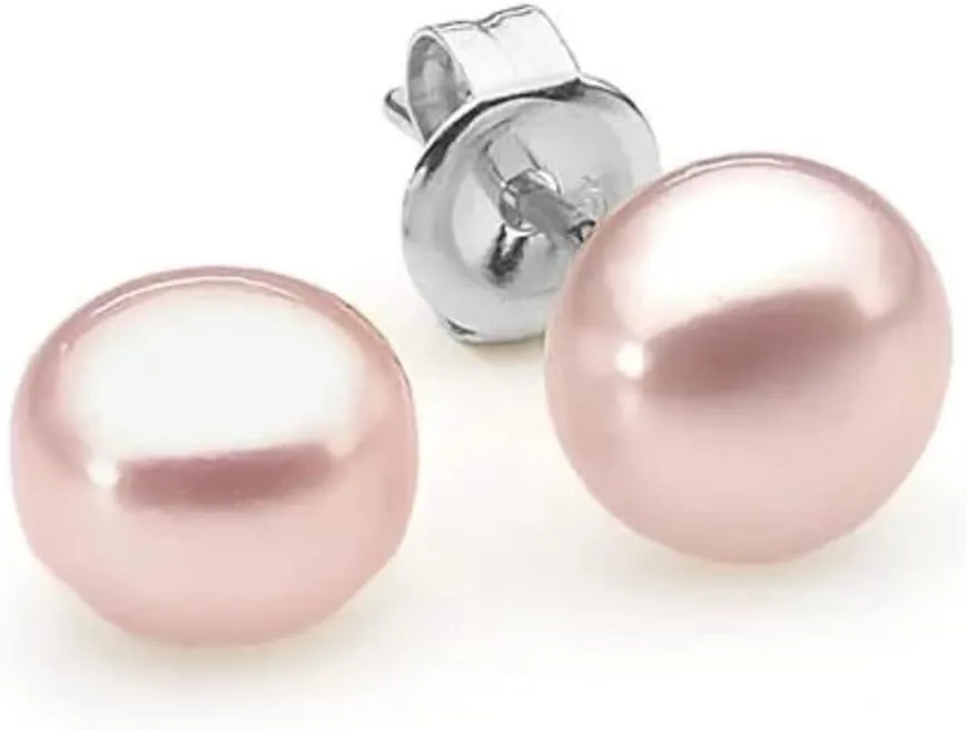 Paris Jewelry 10K White Gold Plated 10 mm Pink Pearl Button Stud Earrings
