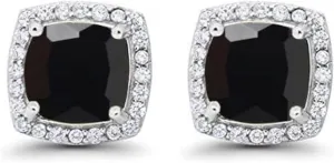 Paris Jewelry 18k White Gold 4 Ct Created Halo Princess Cut Black Sapphire Stud Earrings Plated