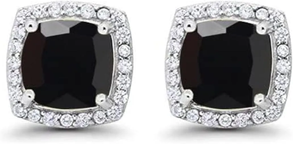 Paris Jewelry 18k White Gold 4 Ct Created Halo Princess Cut Black Sapphire Stud Earrings Plated
