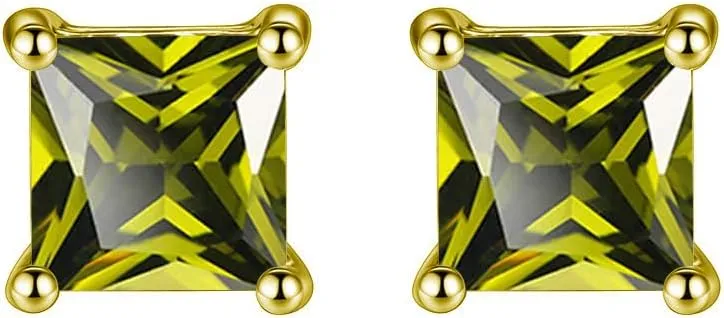 Paris Jewelry 24K Yellow Gold Plated Stud Earrings | 2 Cttw Created Earring | Yellow Gold Plated Peridot BirthStone Earrings Jewelry | Princess Cut Stud Earrings | Pushback Back Finding | 4 Prongs Settings Earring | Gift for Women