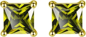 Paris Jewelry 24K Yellow Gold Plated Stud Earrings | 2 Cttw Created Earring | Yellow Gold Plated Peridot BirthStone Earrings Jewelry | Princess Cut Stud Earrings | Pushback Back Finding | 4 Prongs Settings Earring | Gift for Women