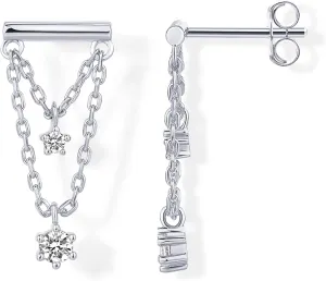PAVOI 14K Gold Plated 925 Sterling Silver Posts Bar Drape Chain Earrings for Women - Cubic Zirconia Chain Dangle Studs - Drop Dangle Earrings