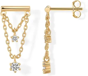 PAVOI 14K Gold Plated 925 Sterling Silver Posts Bar Drape Chain Earrings for Women - Cubic Zirconia Chain Dangle Studs - Drop Dangle Earrings